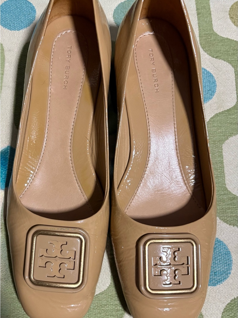 Tory Burch Beige Patent Leather Logo Ballet Flats